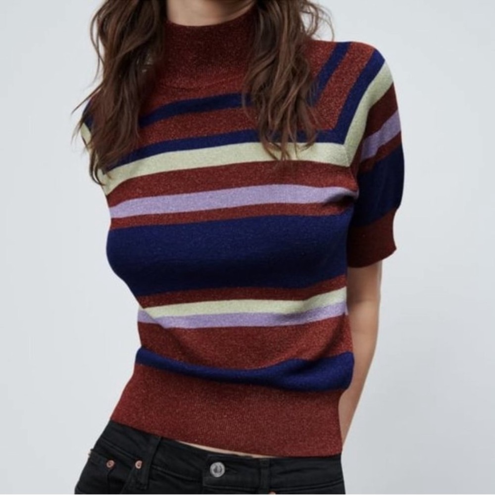 Striped Short-Sleeve Knit Top in Rust Multi